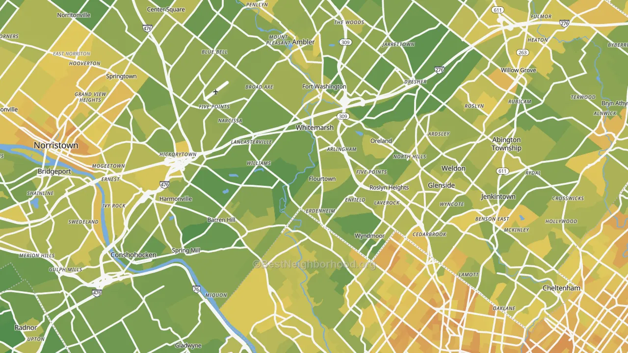 Map of the best neighborhoods in the Flourtown area, with better matches in green and worse matches in red