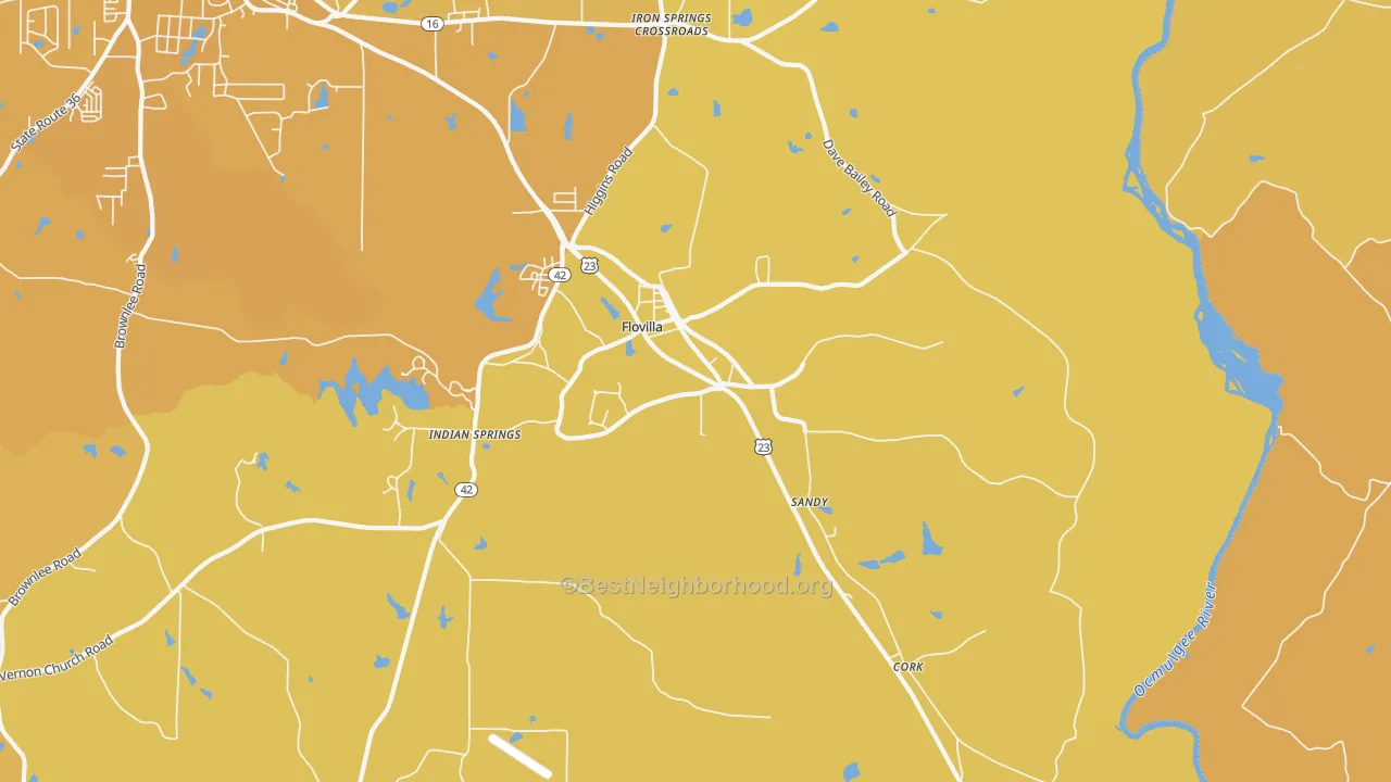 Map of the best neighborhoods in the Flovilla area, with better matches in green and worse matches in red