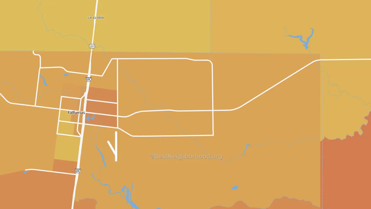 Map of the best neighborhoods in the Flowella area, with better matches in green and worse matches in red