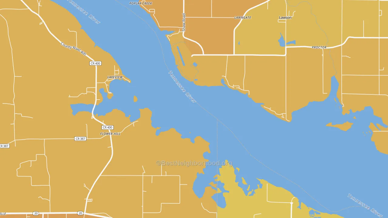 Map of the best neighborhoods in the Flower Hill area, with better matches in green and worse matches in red