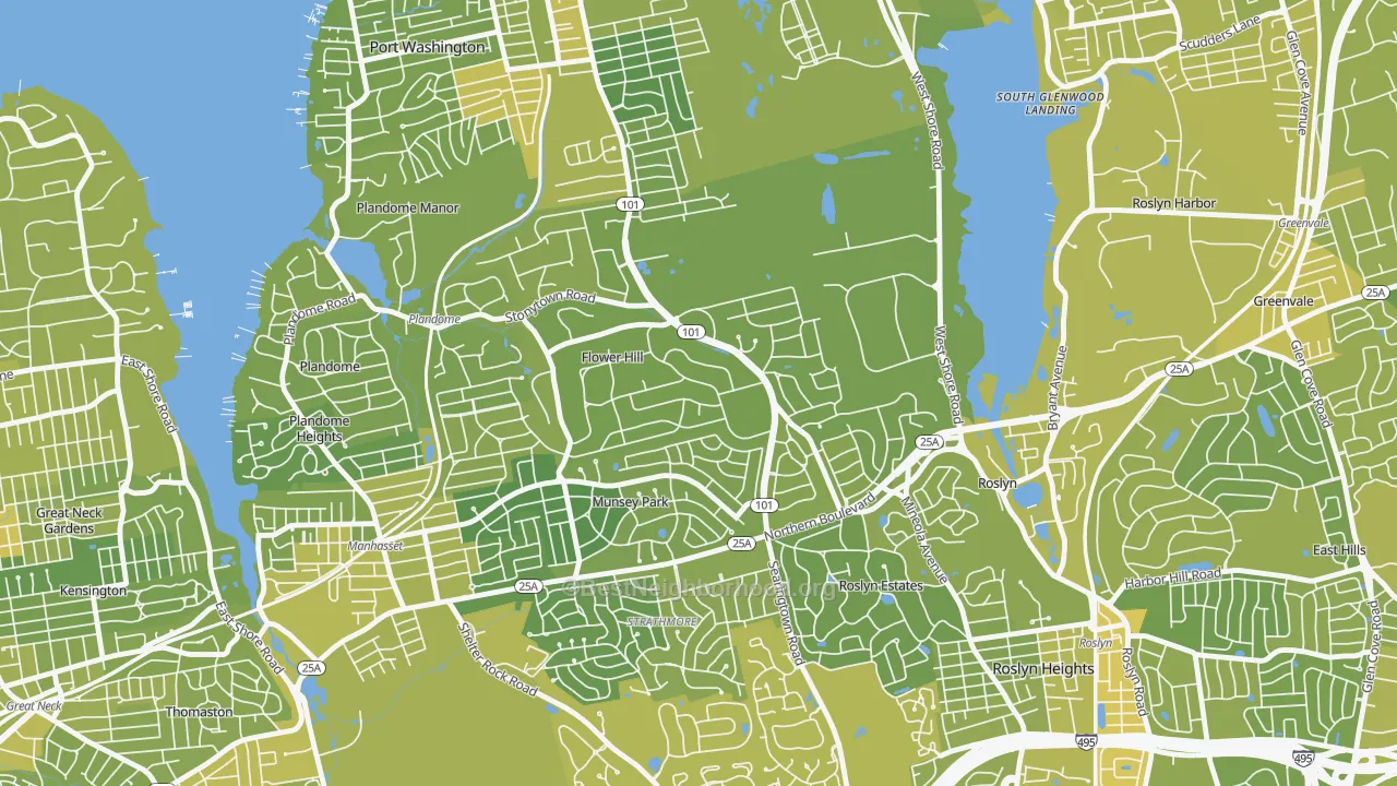 Map of the best neighborhoods in the Flower Hill area, with better matches in green and worse matches in red