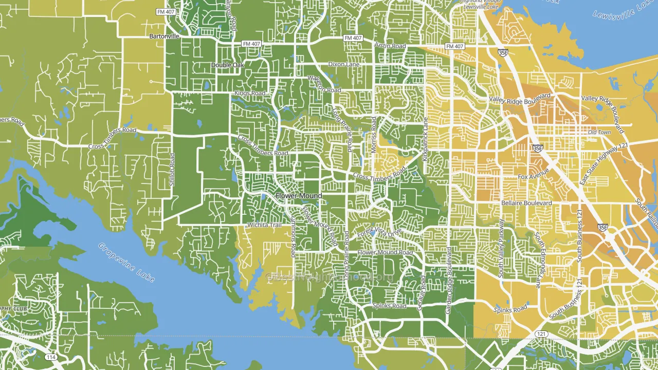 Map of the best neighborhoods in the Flower Mound area, with better matches in green and worse matches in red