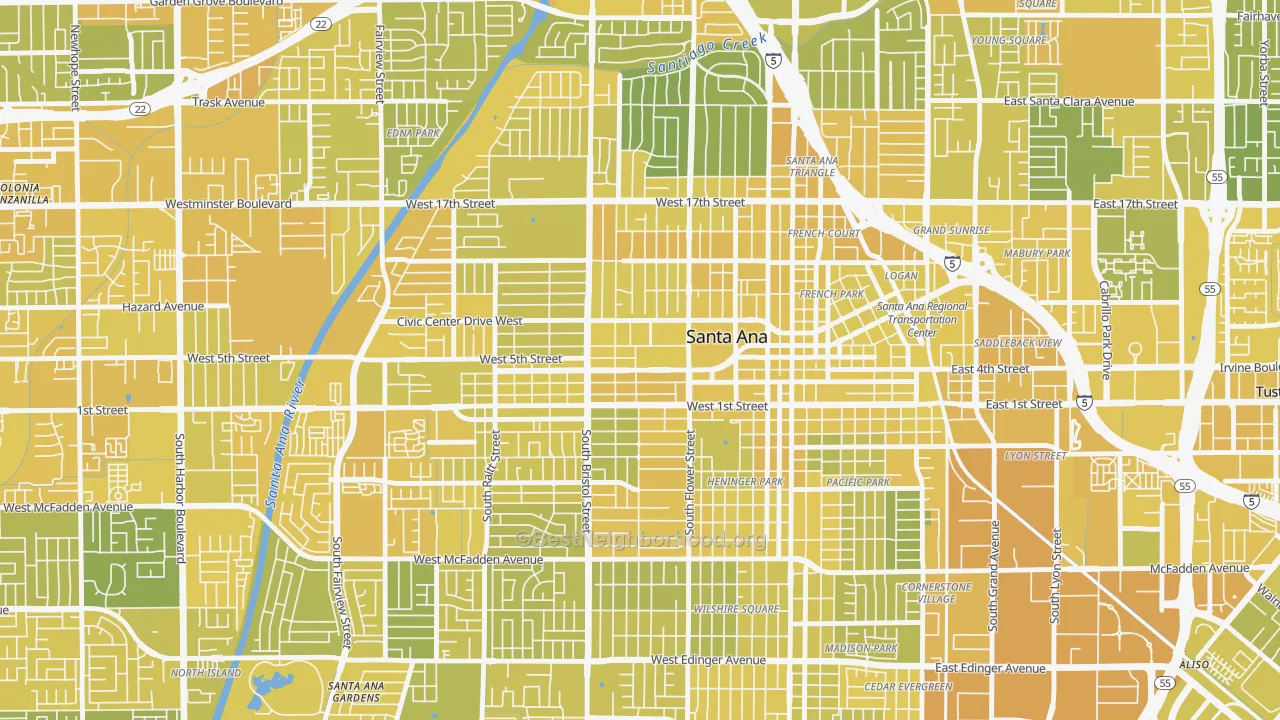 Map of the best neighborhoods in the Flower Park, Santa Ana area, with better matches in green and worse matches in red