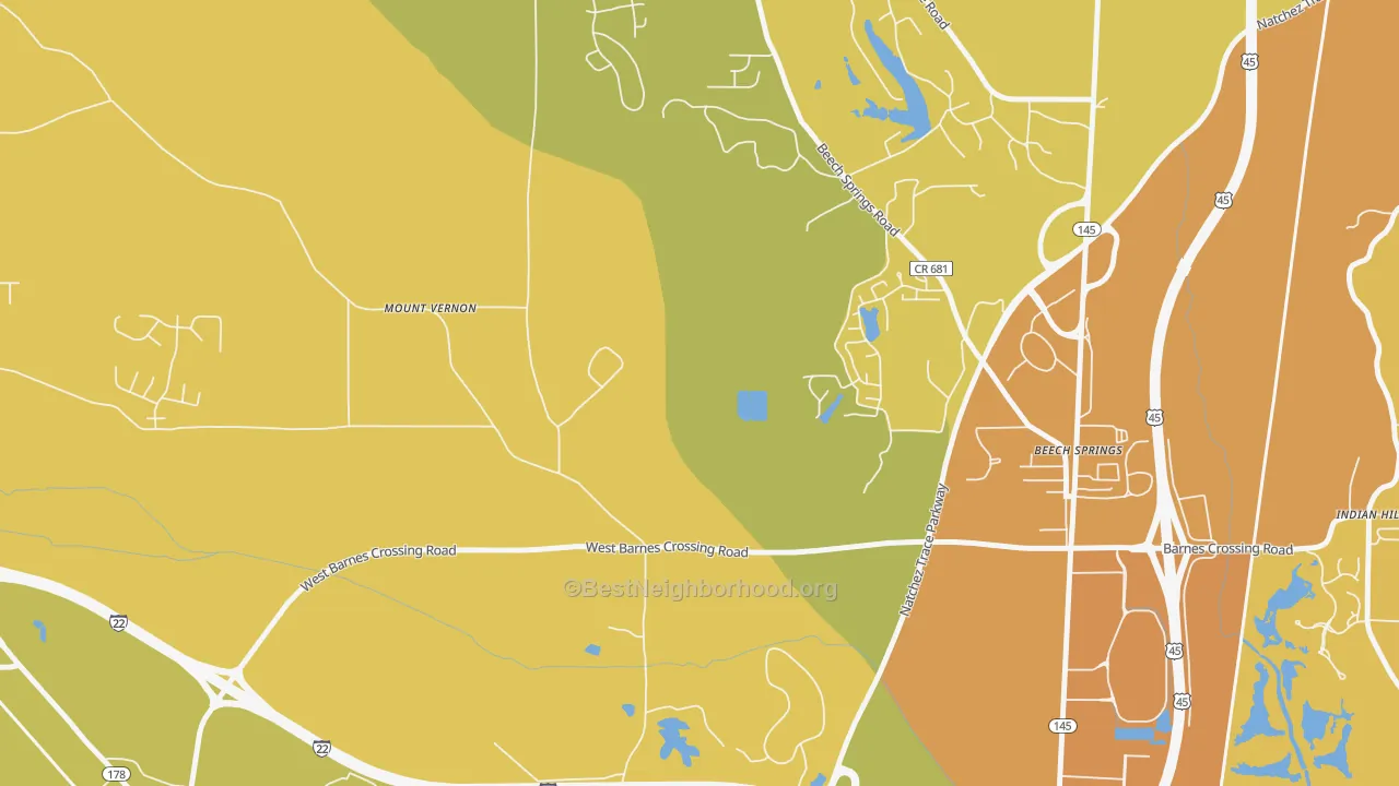 Map of the best neighborhoods in the Flowerdale area, with better matches in green and worse matches in red