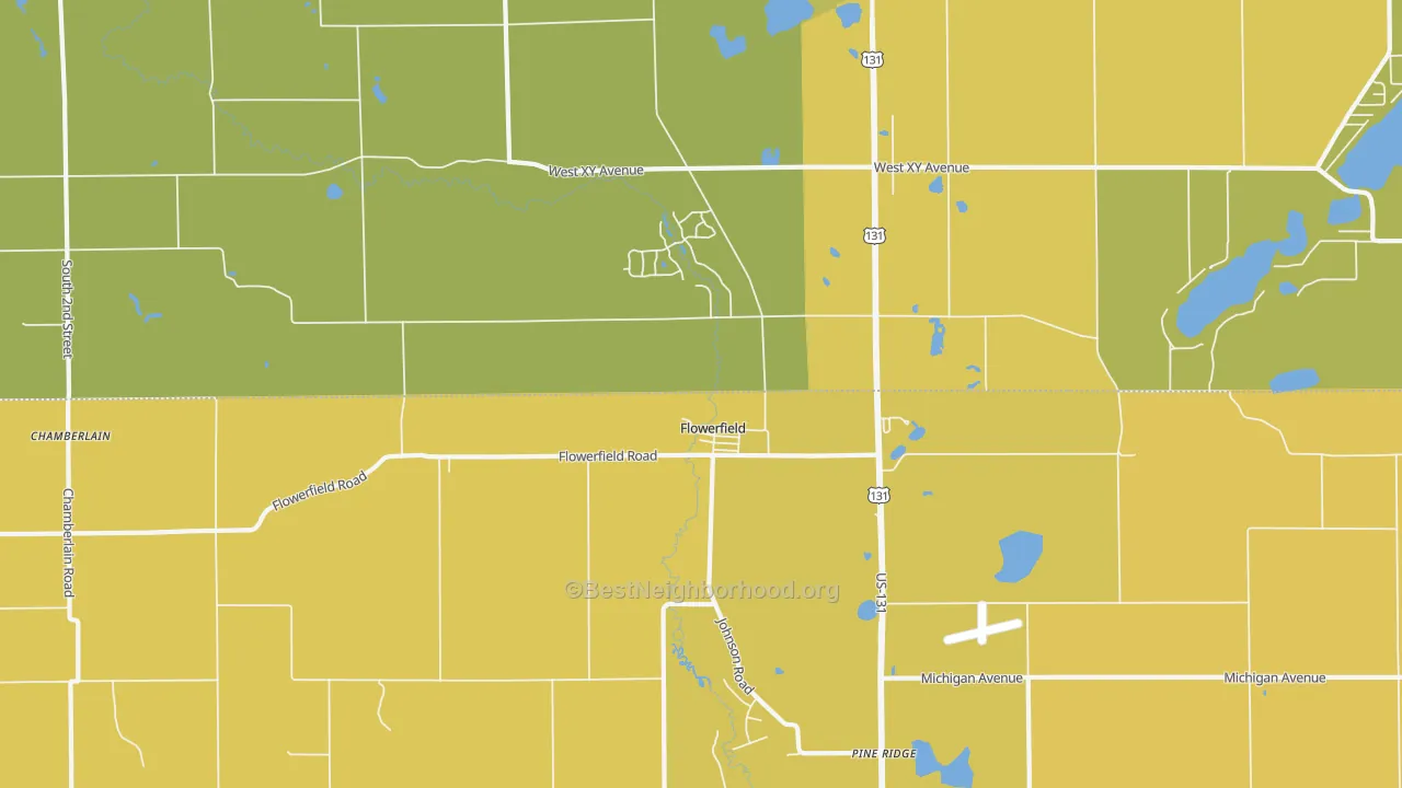 Map of the best neighborhoods in the Flowerfield area, with better matches in green and worse matches in red