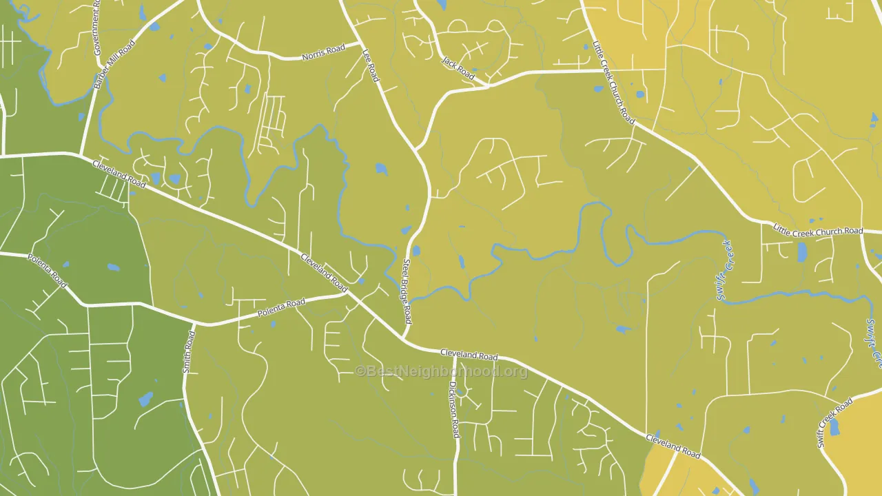 Map of the best neighborhoods in the Flowers area, with better matches in green and worse matches in red