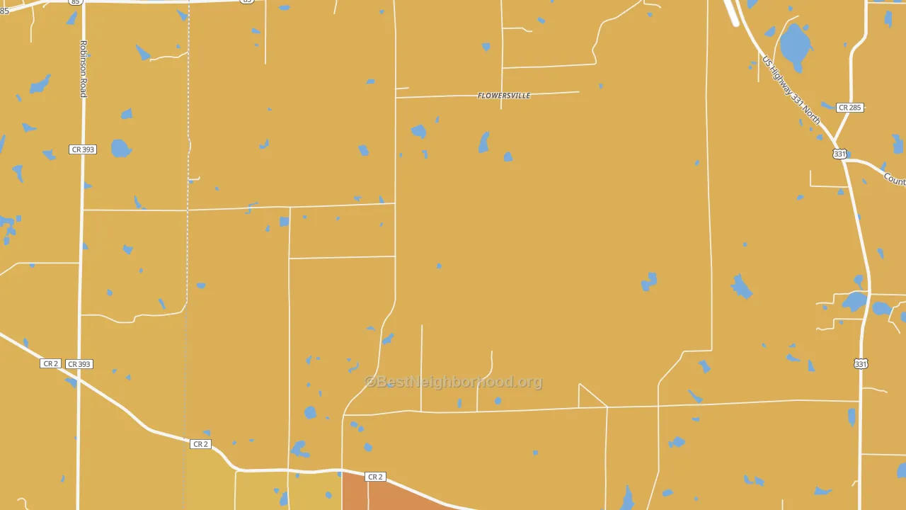Map of the best neighborhoods in the Flowersville area, with better matches in green and worse matches in red