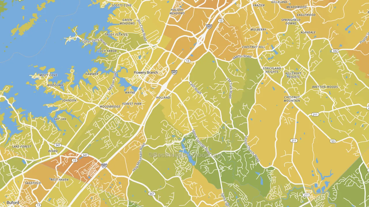 Map of the best neighborhoods in the Flowery Branch area, with better matches in green and worse matches in red