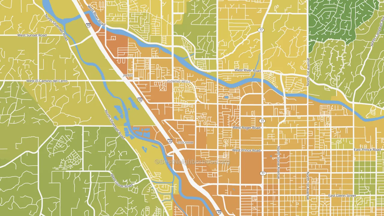 Map of the best neighborhoods in the Flowing Wells area, with better matches in green and worse matches in red