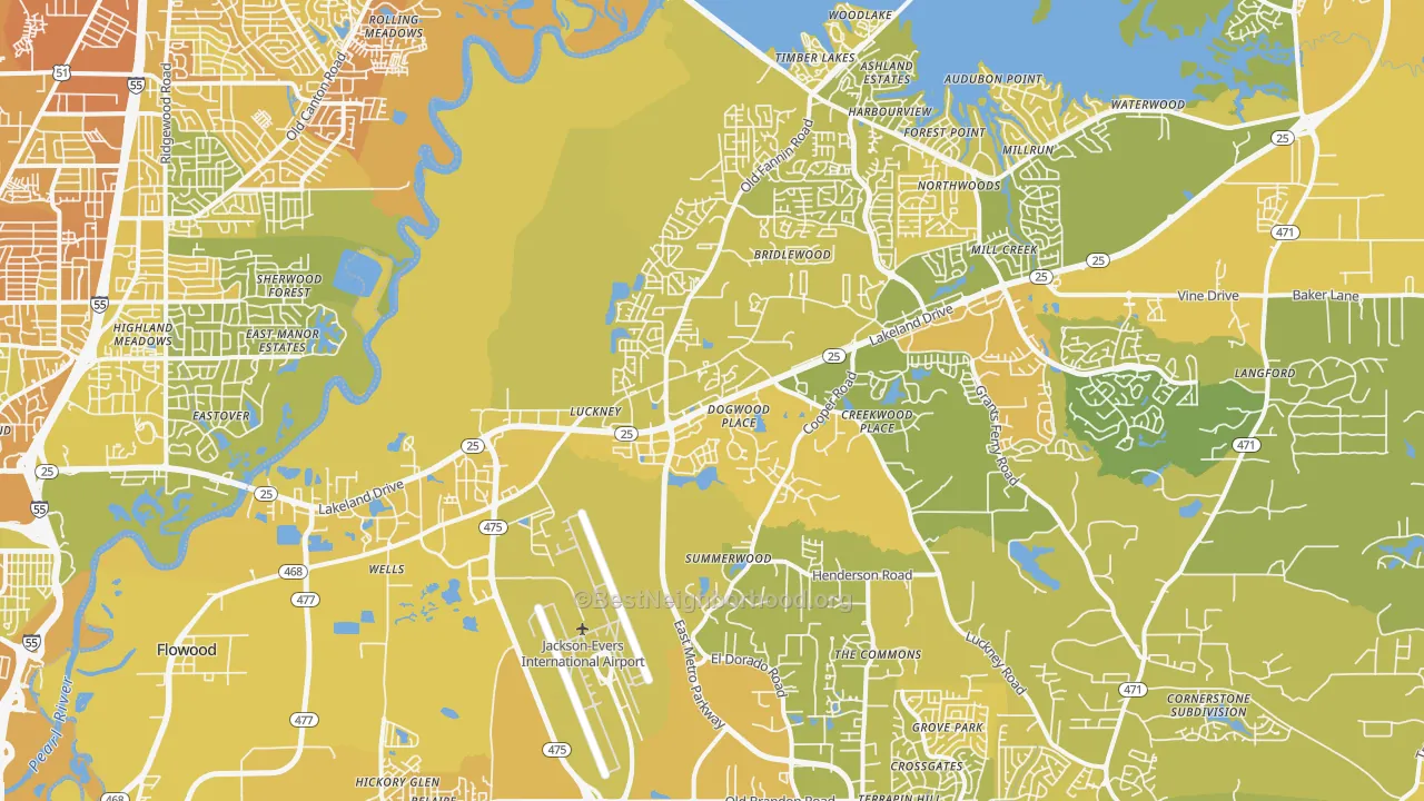 Map of the best neighborhoods in the Flowood area, with better matches in green and worse matches in red