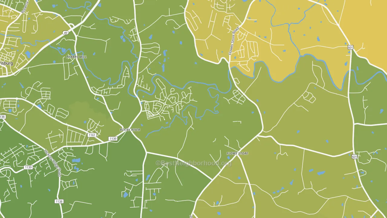 Map of the best neighborhoods in the Flows Store area, with better matches in green and worse matches in red