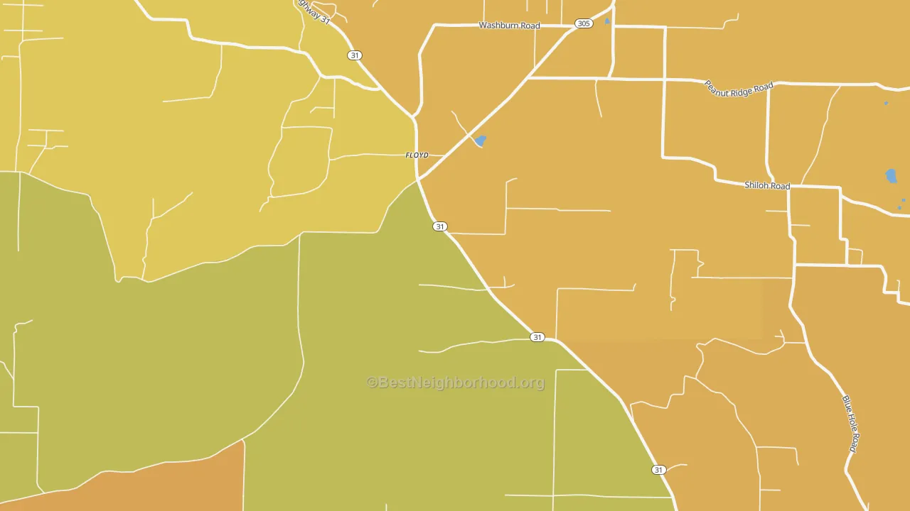 Map of the best neighborhoods in the Floyd area, with better matches in green and worse matches in red
