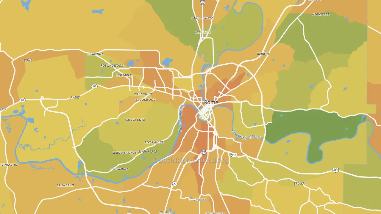 Map of the best neighborhoods in the Floyd County area, with better matches in green and worse matches in red