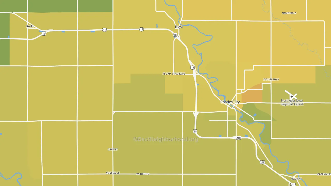 Map of the best neighborhoods in the Floyd County area, with better matches in green and worse matches in red