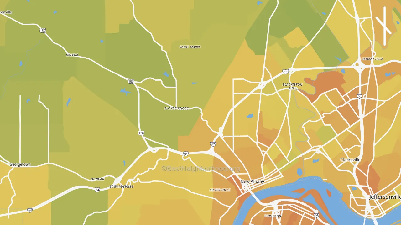 Map of the best neighborhoods in the Floyd County area, with better matches in green and worse matches in red