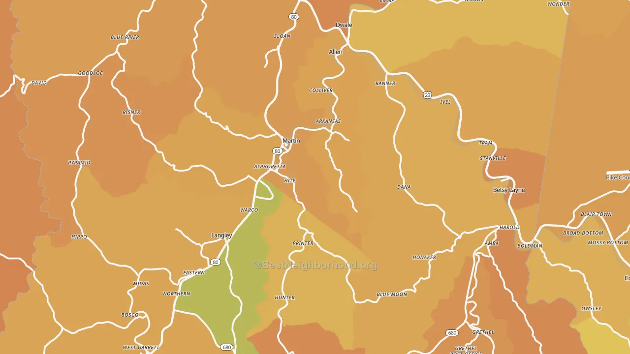 Map of the best neighborhoods in the Floyd County area, with better matches in green and worse matches in red