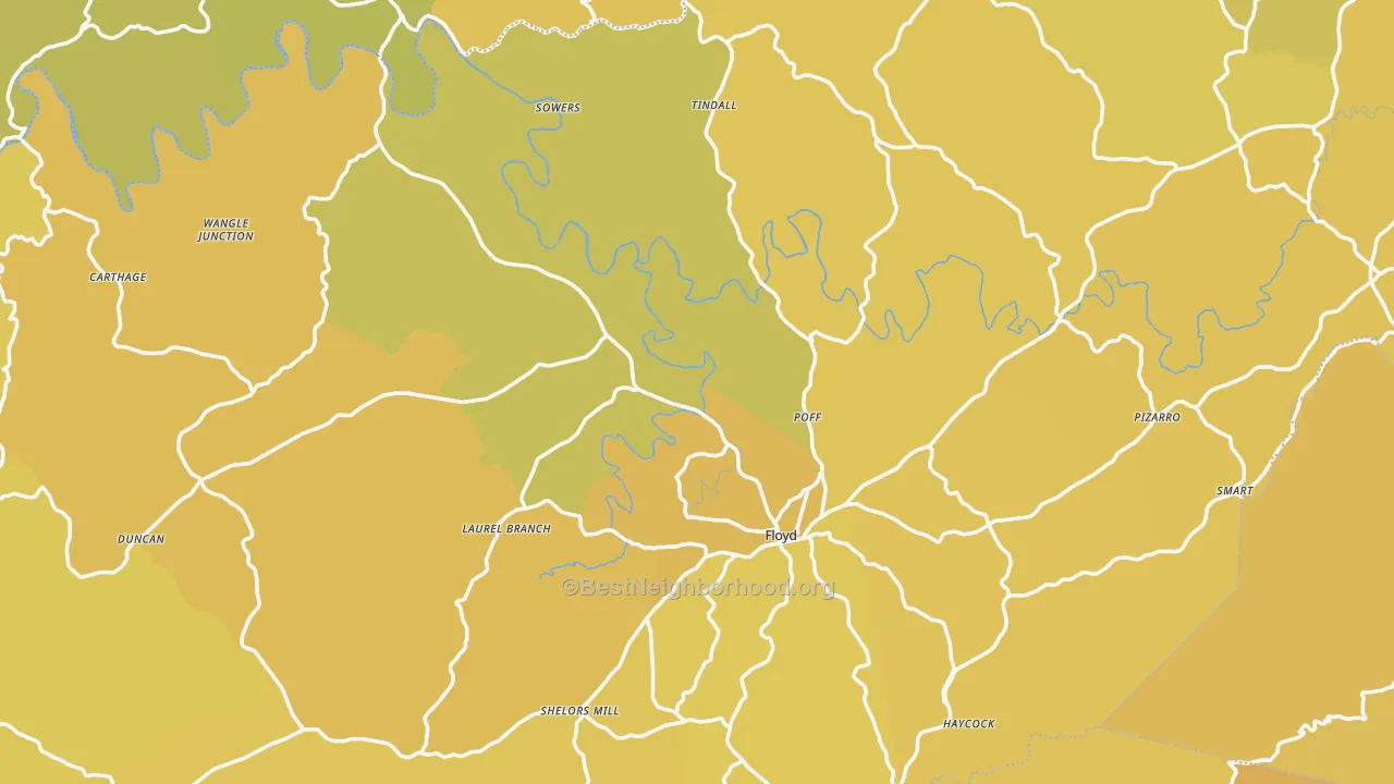 Map of the best neighborhoods in the Floyd County area, with better matches in green and worse matches in red
