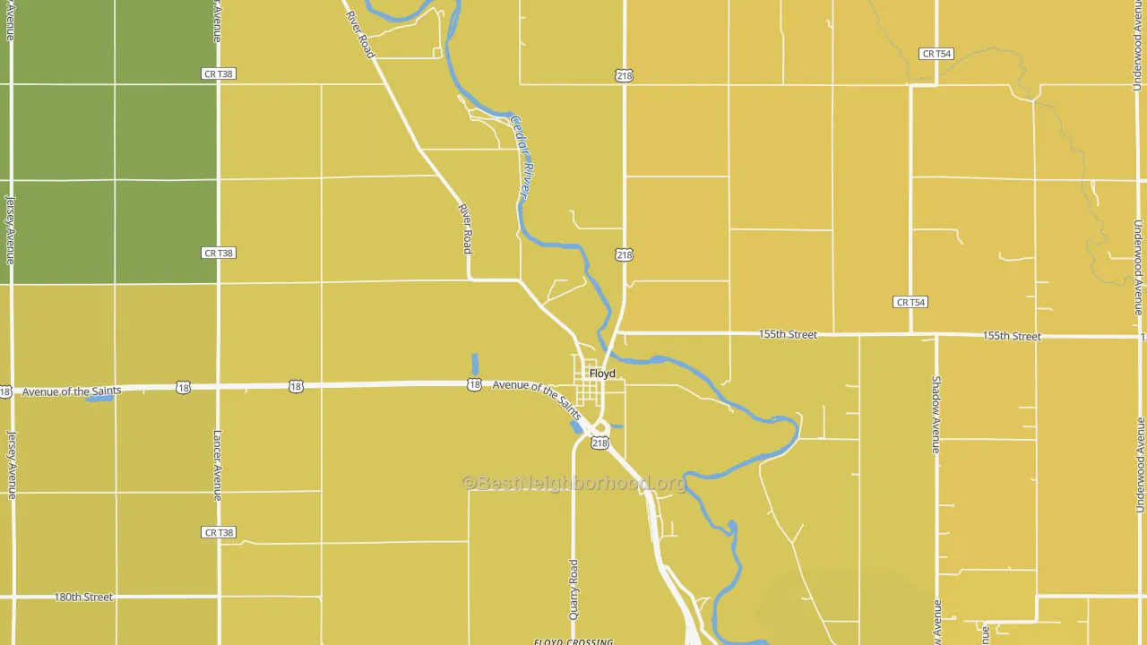 Map of the best neighborhoods in the Floyd area, with better matches in green and worse matches in red