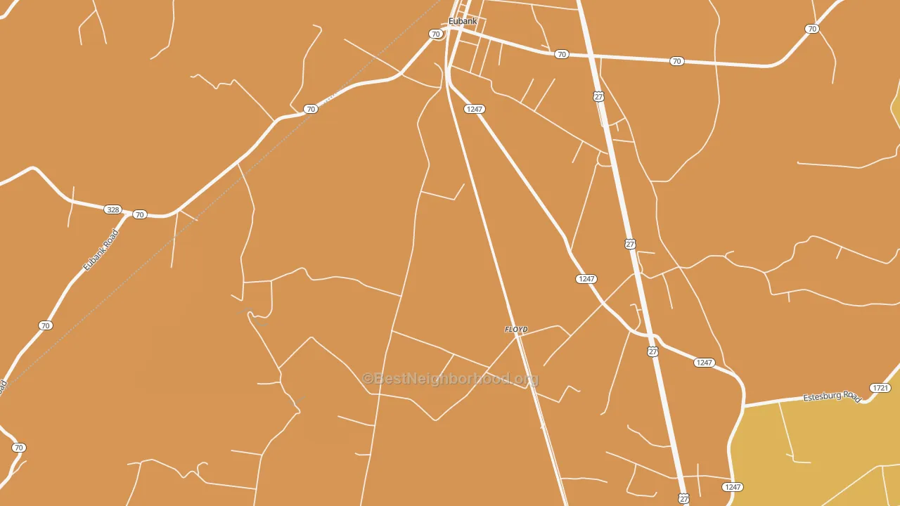 Map of the best neighborhoods in the Floyd area, with better matches in green and worse matches in red