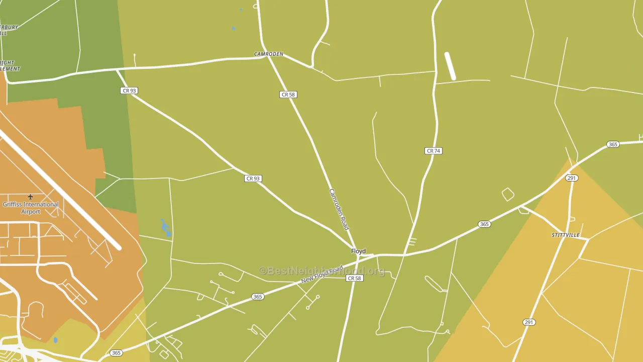 Map of the best neighborhoods in the Floyd area, with better matches in green and worse matches in red