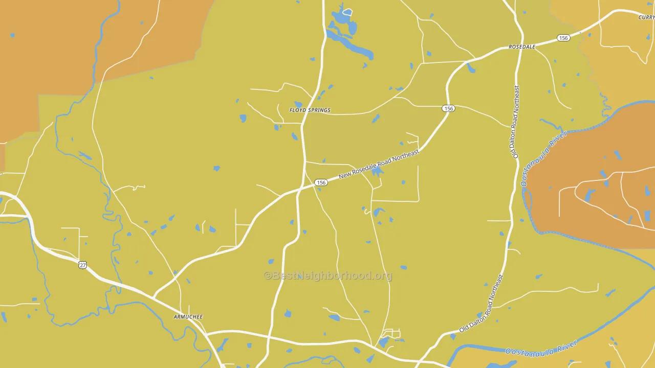Map of the best neighborhoods in the Floyd Springs area, with better matches in green and worse matches in red