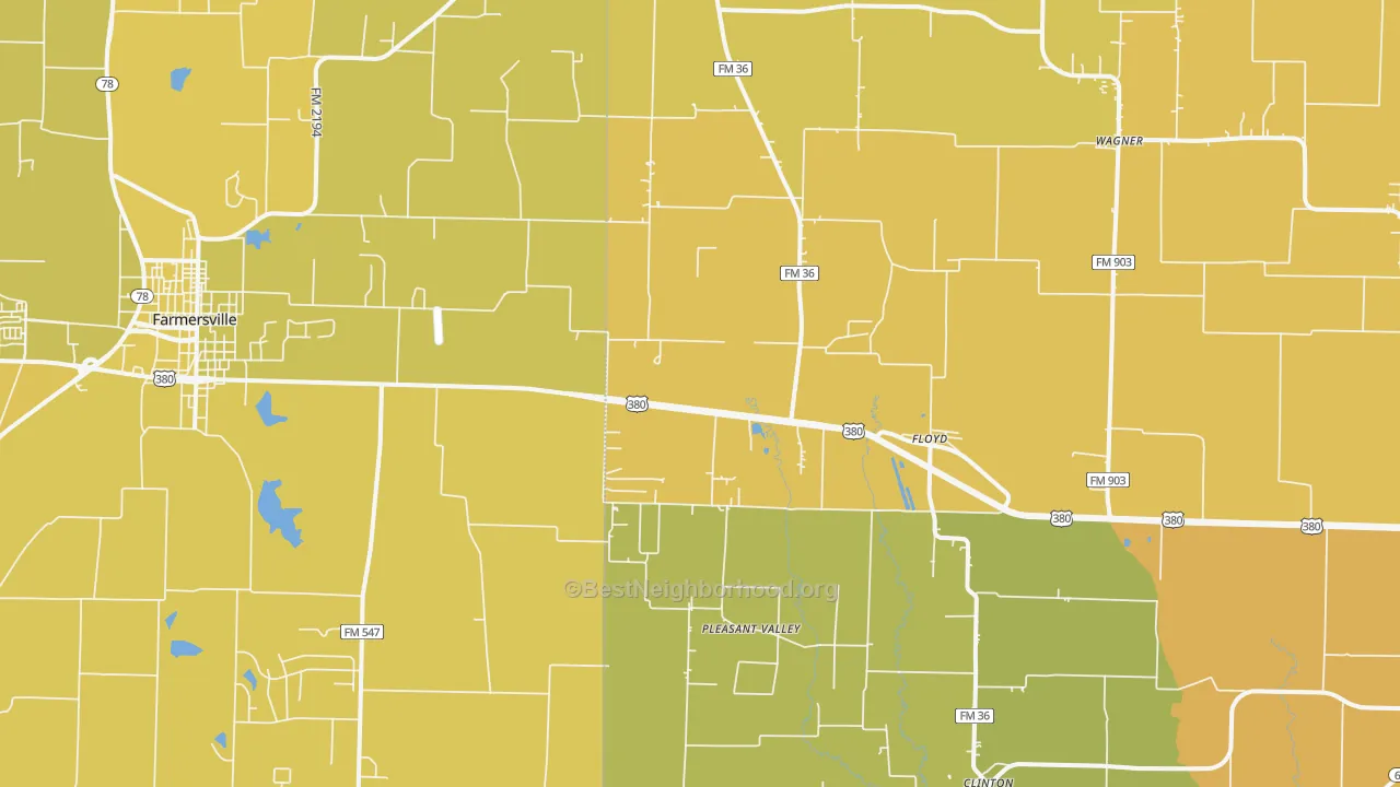 Map of the best neighborhoods in the Floyd area, with better matches in green and worse matches in red