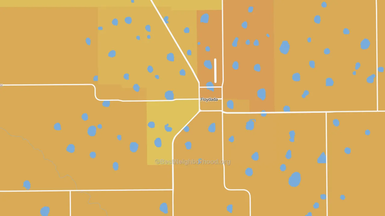 Map of the best neighborhoods in the Floydada area, with better matches in green and worse matches in red