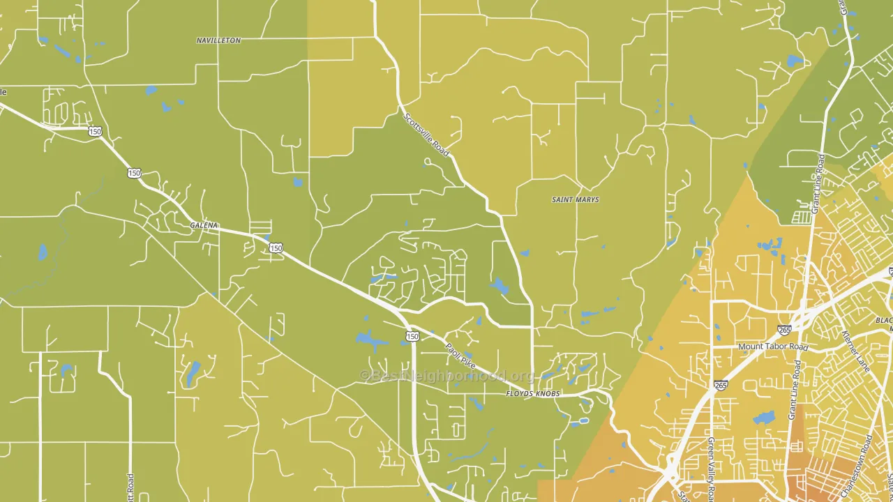 Map of the best neighborhoods in the Floyds Knobs area, with better matches in green and worse matches in red
