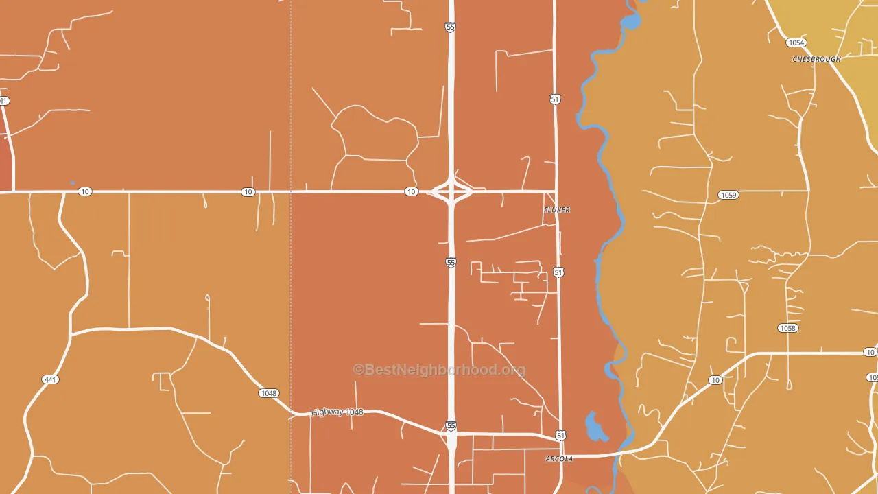 Map of the best neighborhoods in the Fluker area, with better matches in green and worse matches in red
