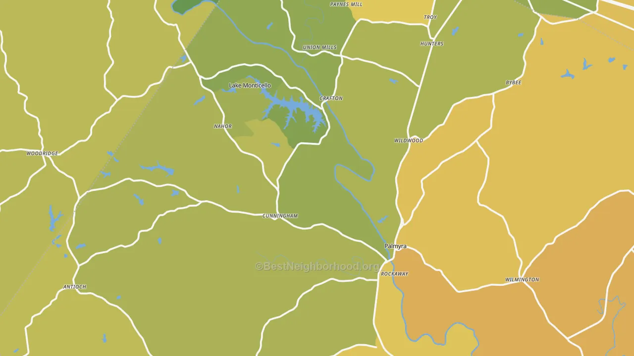 Map of the best neighborhoods in the Fluvanna County area, with better matches in green and worse matches in red