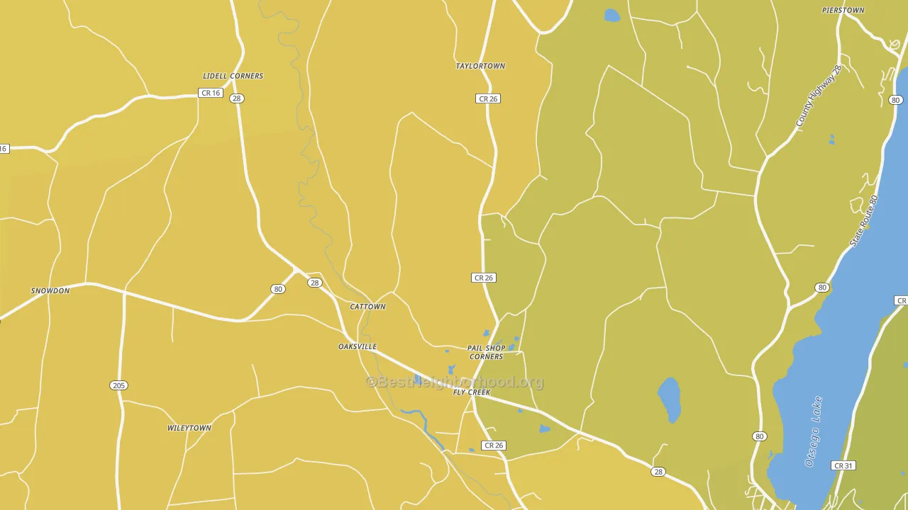 Map of the best neighborhoods in the Fly Creek area, with better matches in green and worse matches in red