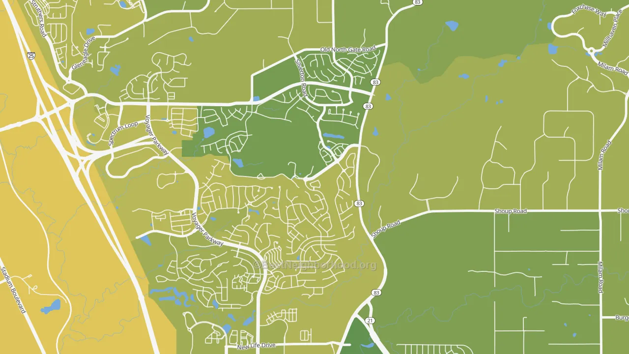 Map of the best neighborhoods in the Flying Horse, Colorado Springs area, with better matches in green and worse matches in red
