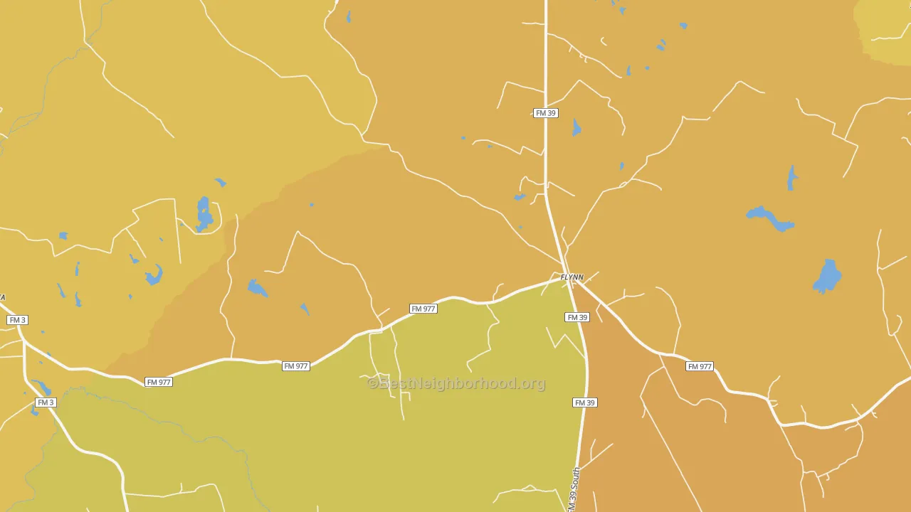 Map of the best neighborhoods in the Flynn area, with better matches in green and worse matches in red