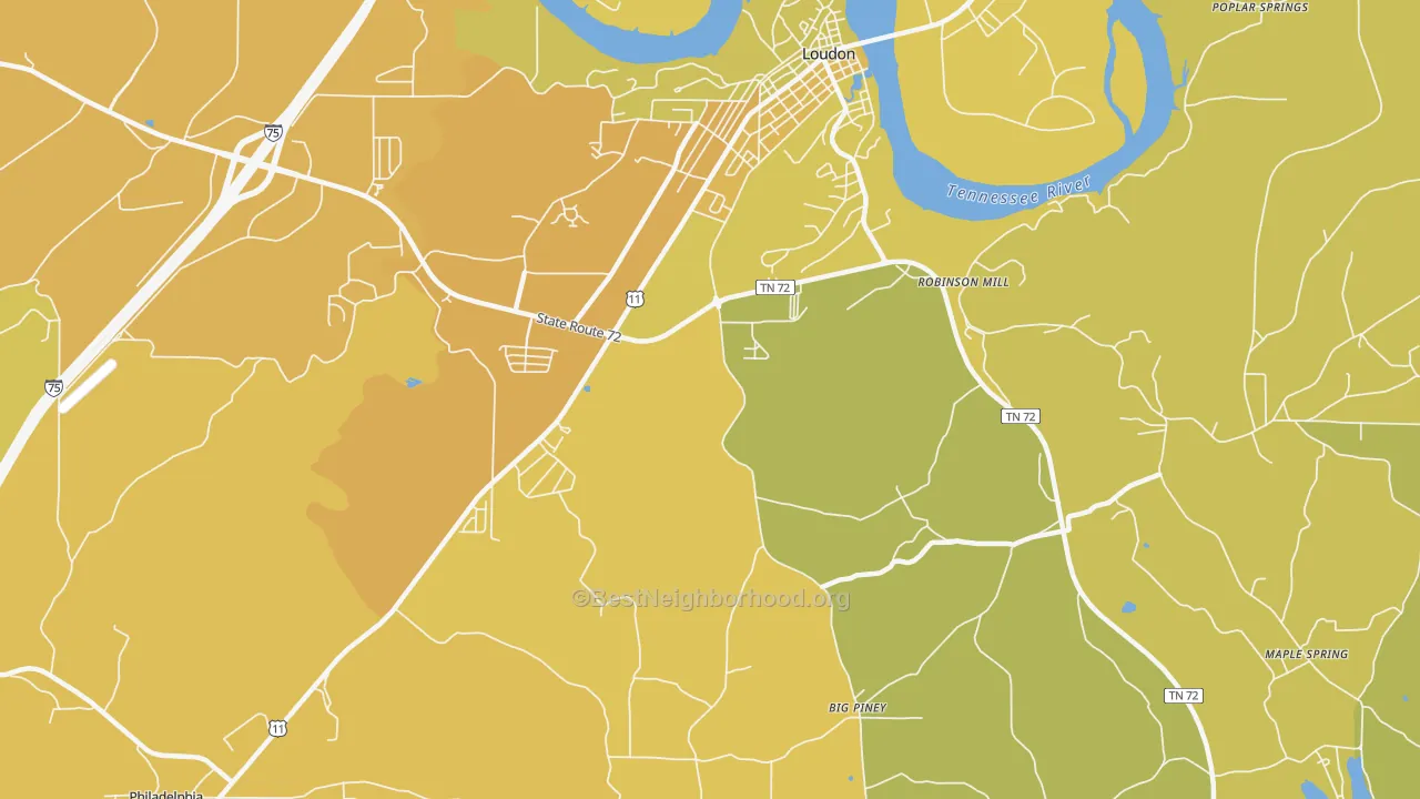 Map of the best neighborhoods in the Fochee area, with better matches in green and worse matches in red