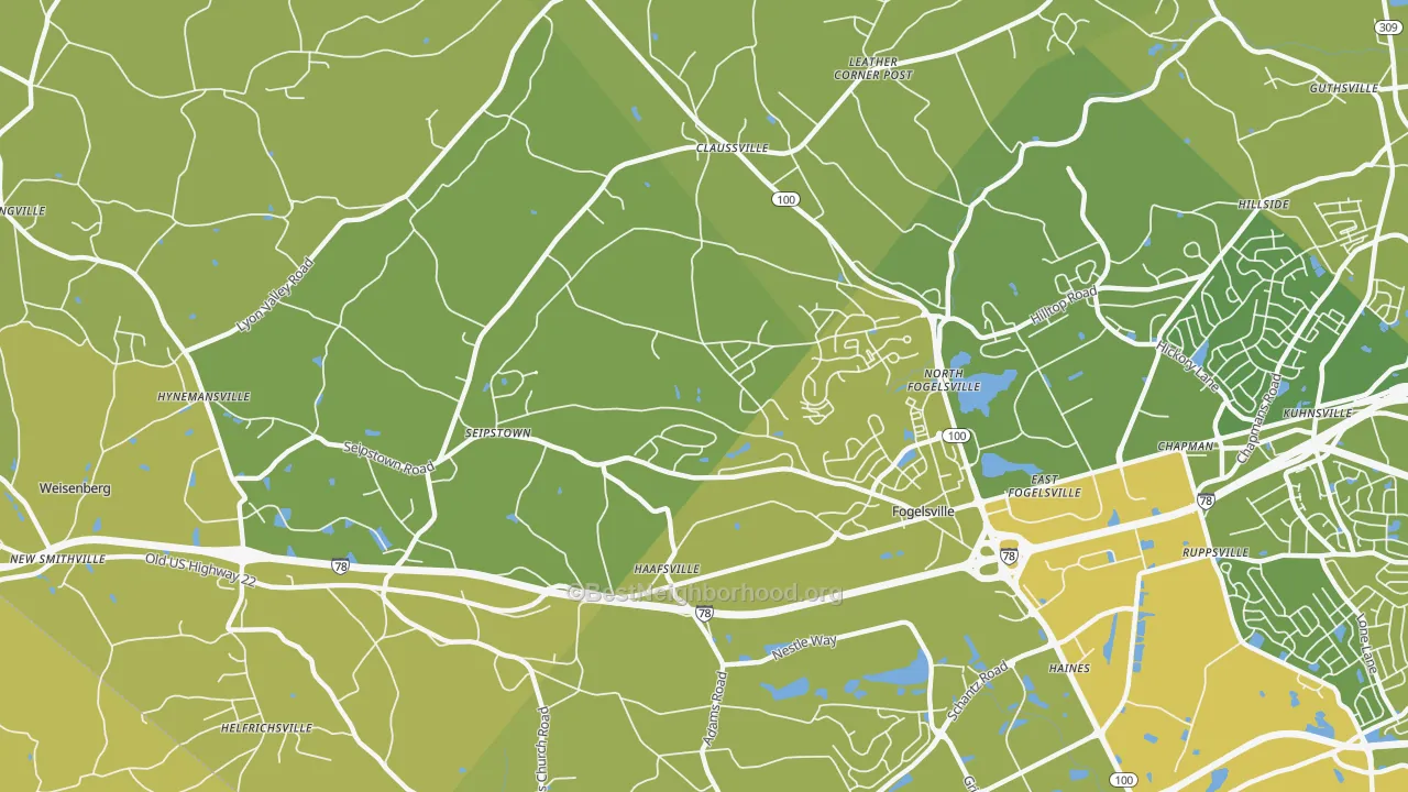 Map of the best neighborhoods in the Fogelsville area, with better matches in green and worse matches in red