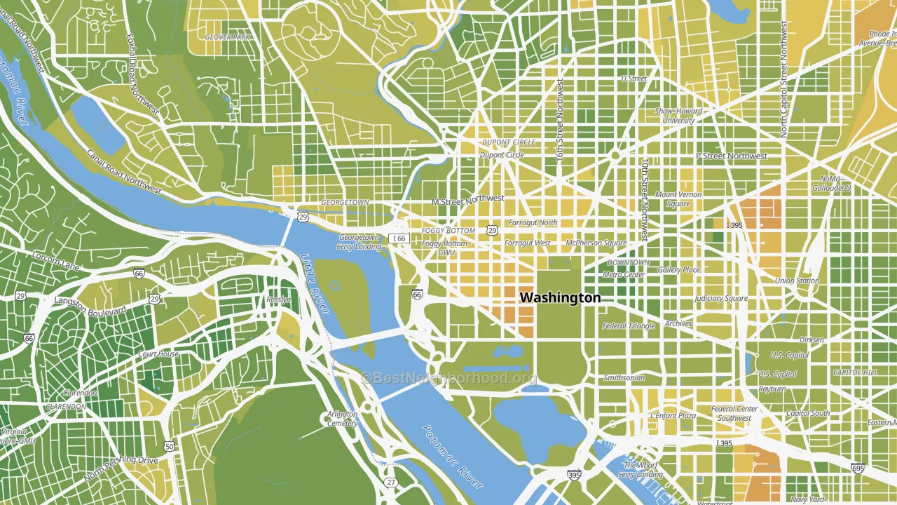 Map of the best neighborhoods in the Foggy Bottom, Washington area, with better matches in green and worse matches in red