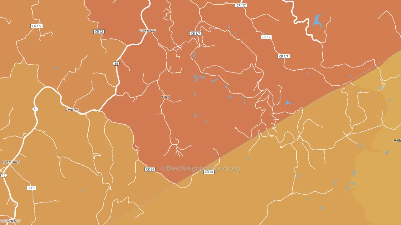 Map of the best neighborhoods in the Fola area, with better matches in green and worse matches in red
