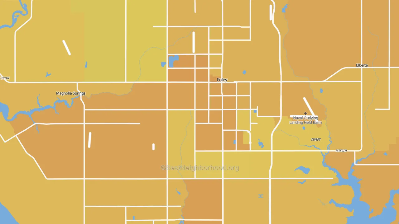 Map of the best neighborhoods in the Foley area, with better matches in green and worse matches in red