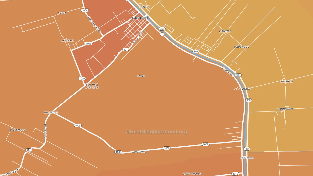 Map of the best neighborhoods in the Foley area, with better matches in green and worse matches in red
