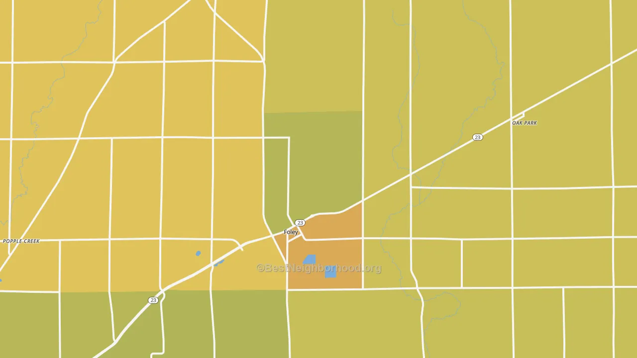 Map of the best neighborhoods in the Foley area, with better matches in green and worse matches in red