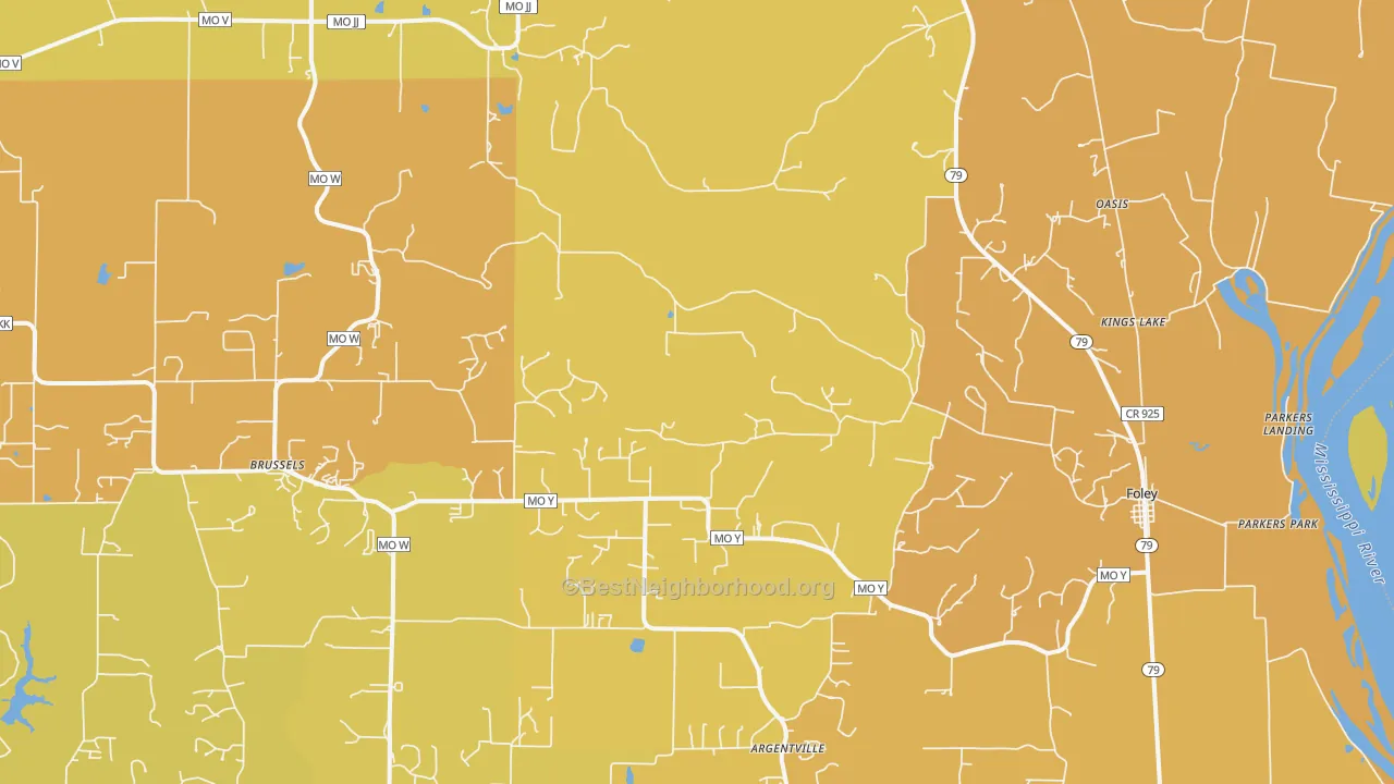Map of the best neighborhoods in the Foley area, with better matches in green and worse matches in red