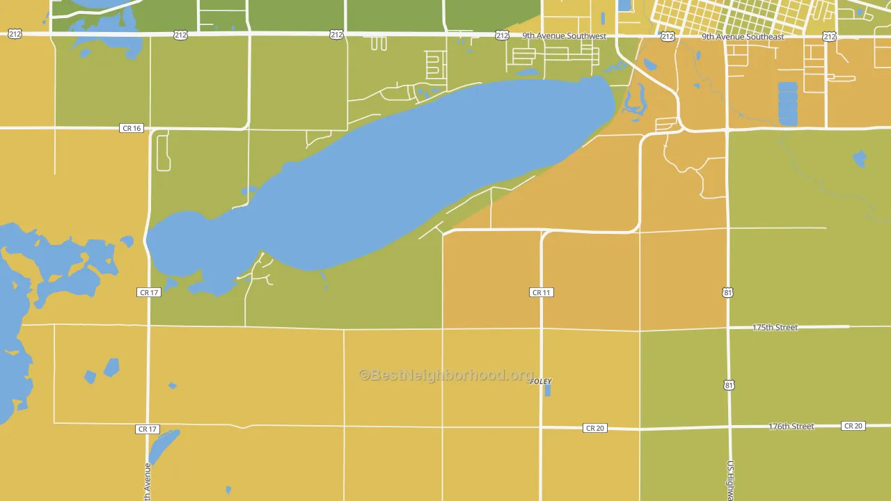 Map of the best neighborhoods in the Foley area, with better matches in green and worse matches in red