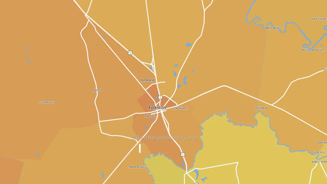 Map of the best neighborhoods in the Folkston area, with better matches in green and worse matches in red