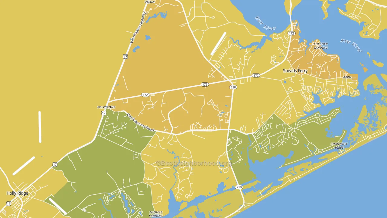 Map of the best neighborhoods in the Folkstone area, with better matches in green and worse matches in red