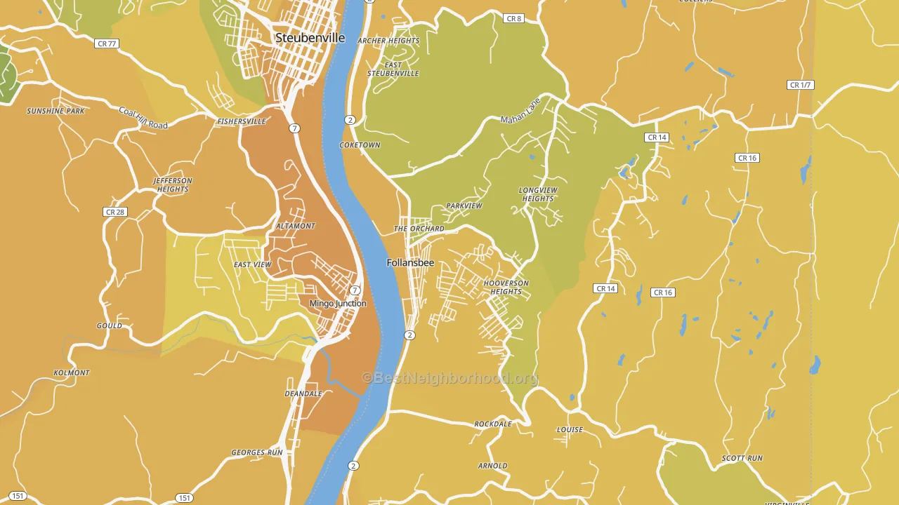 Map of the best neighborhoods in the Follansbee area, with better matches in green and worse matches in red