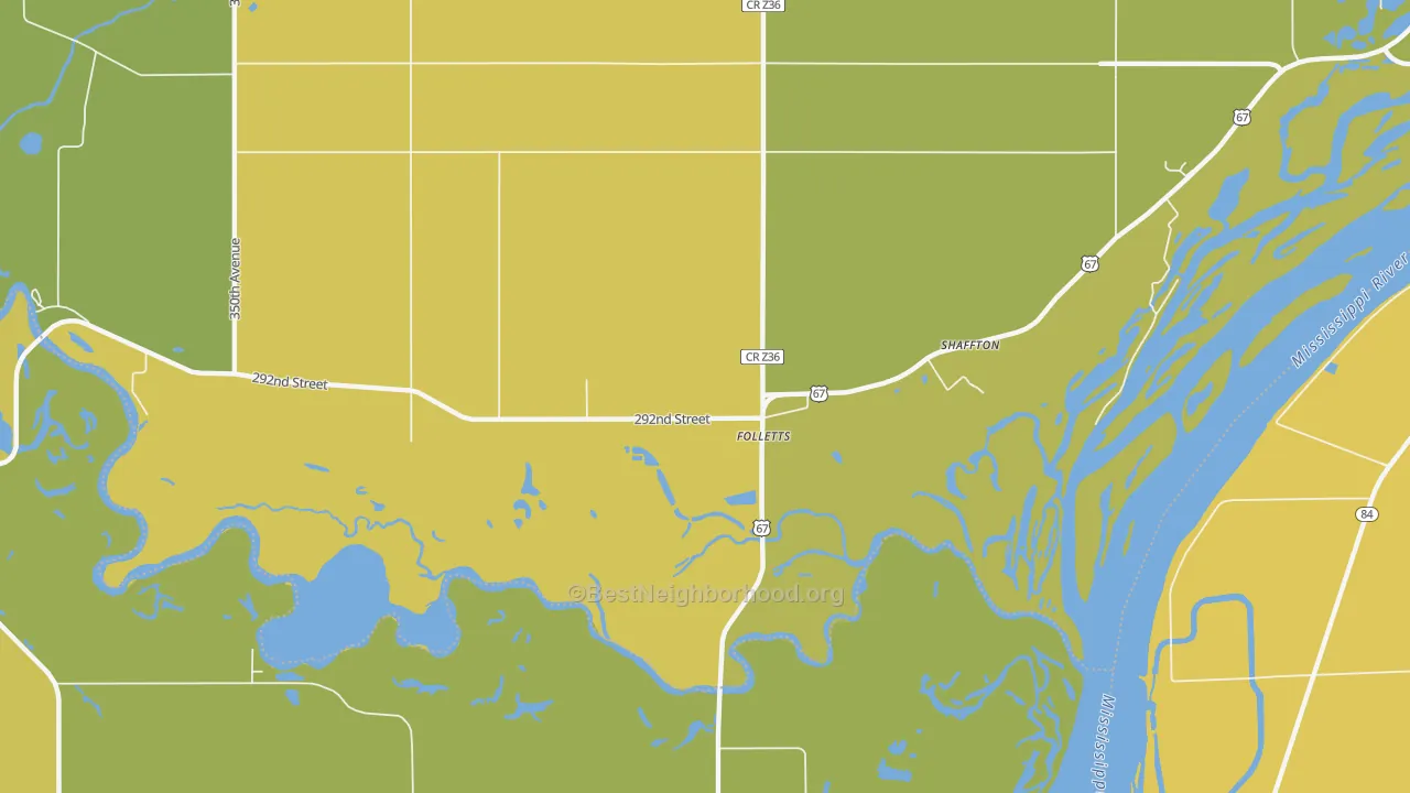 Map of the best neighborhoods in the Folletts area, with better matches in green and worse matches in red
