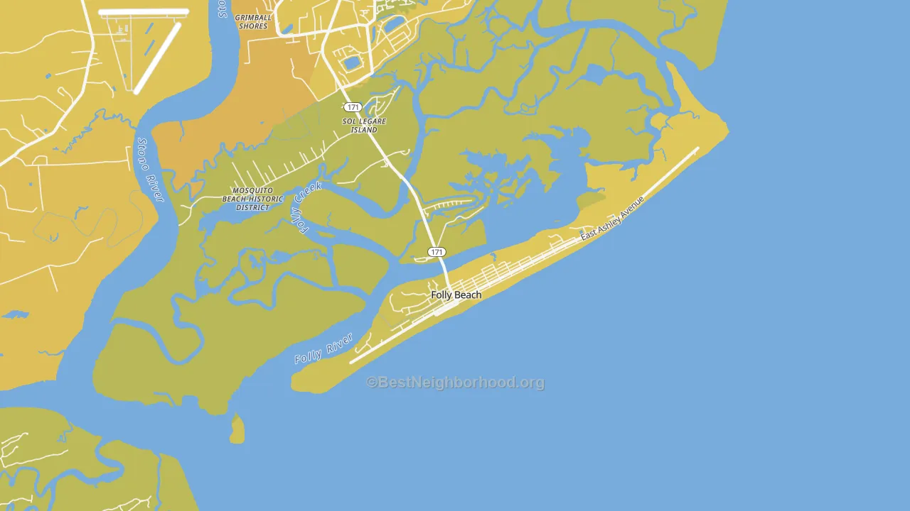 Map of the best neighborhoods in the Folly Beach area, with better matches in green and worse matches in red