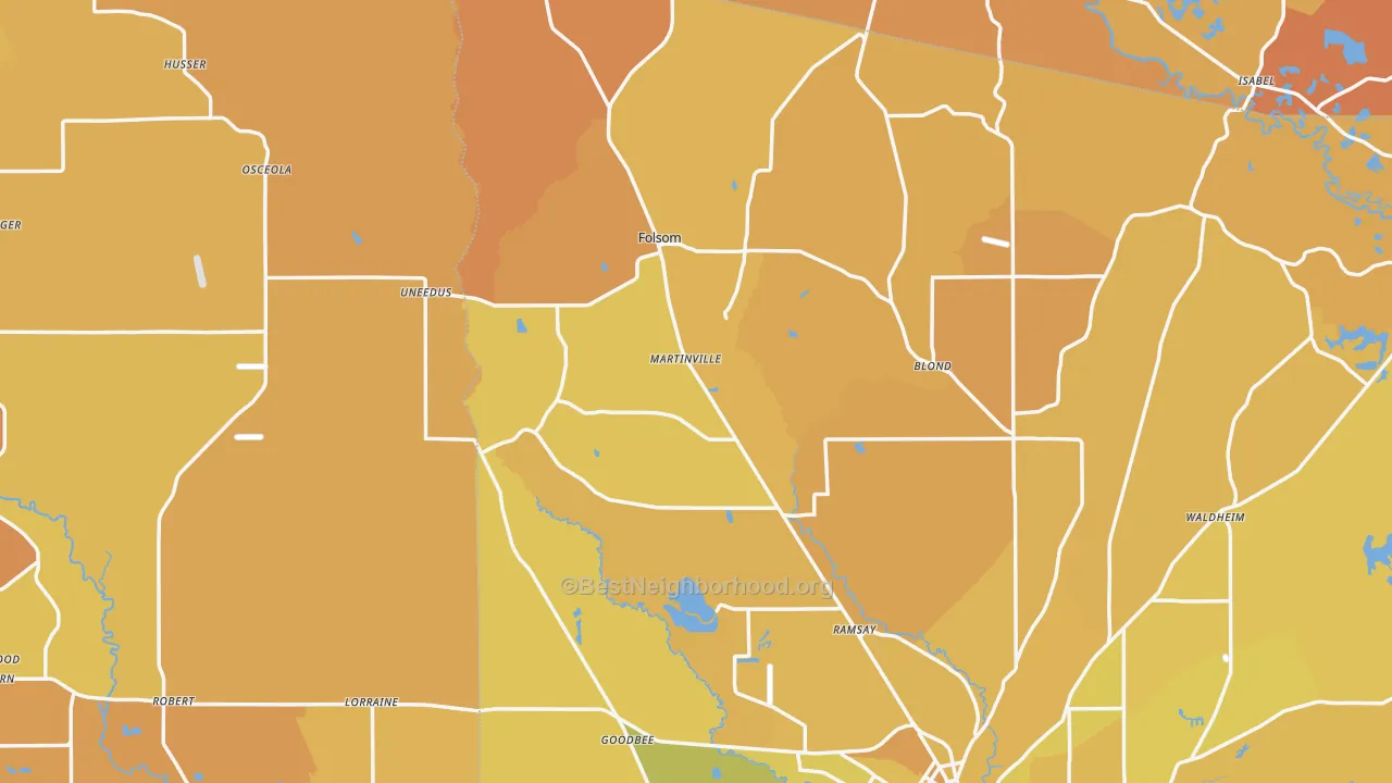Map of the best neighborhoods in the Folsom area, with better matches in green and worse matches in red
