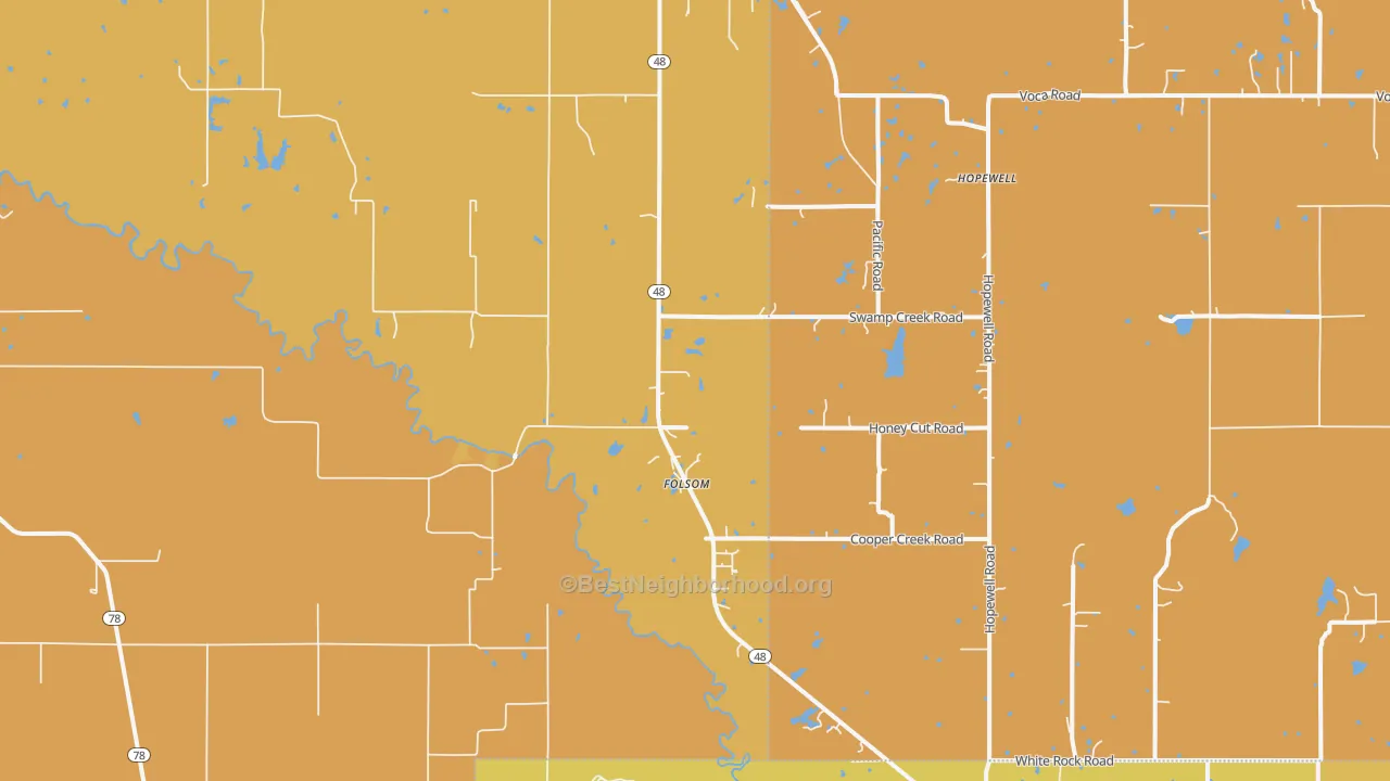 Map of the best neighborhoods in the Folsom area, with better matches in green and worse matches in red