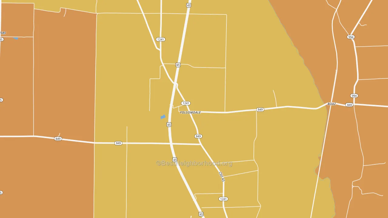 Map of the best neighborhoods in the Folsomdale area, with better matches in green and worse matches in red